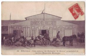 Postales: Melilla: Vista exterior del Balneario El Recreo. Boumendil Photo edit. Circulada (Años 10)